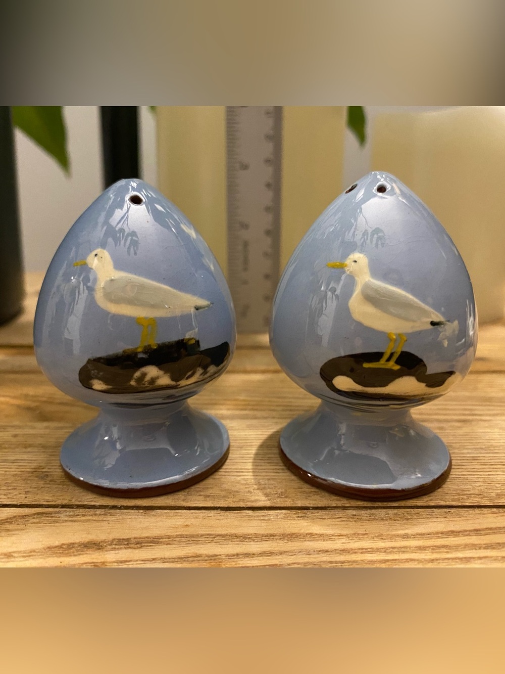 Vintage Coastal Seagull Blue Pedestal Salt & Pepper Shakers - Hand Painted
